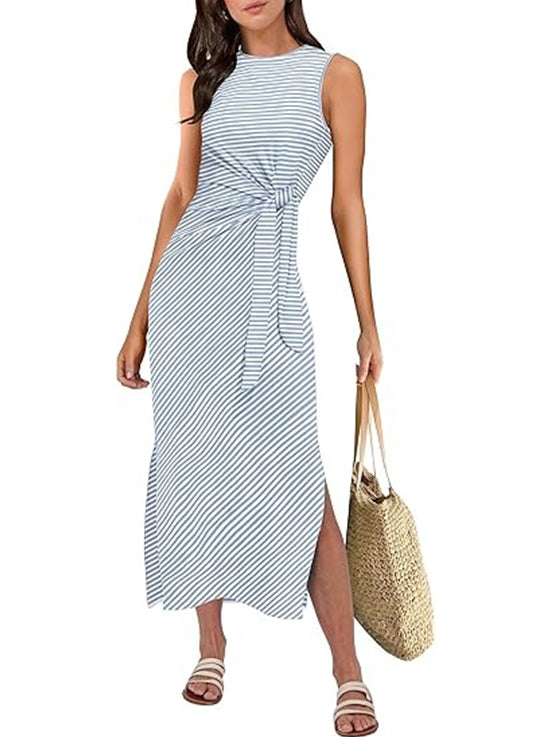 Women's Casual Striped Side Slit Tie-Waist Dress